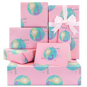 princess of the sea little mermazing mermaid wrapping paper in pink color set of 4 sheets 15 sq. ft. with silk ribbon and matched gift tag and greeting cards, for girls kids baby women gift wrap