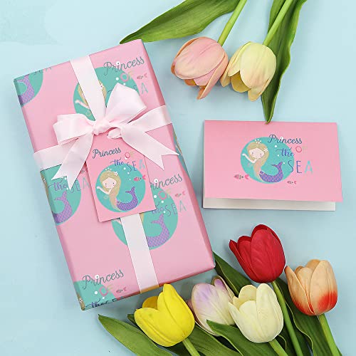 Princess of the Sea Little Mermazing Mermaid Wrapping Paper in pink Color Set of 4 Sheets 15 sq. ft. With Silk Ribbon and Matched Gift Tag and Greeting Cards, For Girls Kids Baby Women Gift Wrap