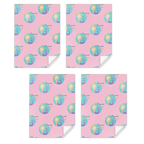 Princess of the Sea Little Mermazing Mermaid Wrapping Paper in pink Color Set of 4 Sheets 15 sq. ft. With Silk Ribbon and Matched Gift Tag and Greeting Cards, For Girls Kids Baby Women Gift Wrap
