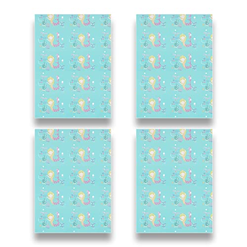 Princess of the Sea Little Mermazing Mermaid Wrapping Paper in Robin Egg Blue Color Set of 4 Sheets 15 sq. ft. With Emerald Green Ribbon and Gift Tag and Greeting Cards, For Girls Kids Baby Women Gift Wrap