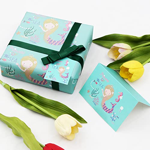 Princess of the Sea Little Mermazing Mermaid Wrapping Paper in Robin Egg Blue Color Set of 4 Sheets 15 sq. ft. With Emerald Green Ribbon and Gift Tag and Greeting Cards, For Girls Kids Baby Women Gift Wrap