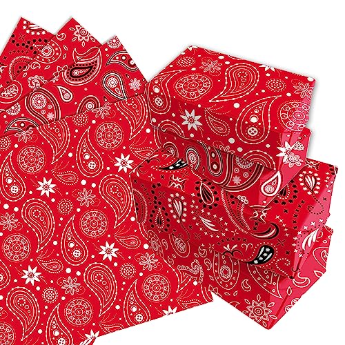 16 Sheets Western Party Gift Wrapping Paper Red Bandana Wrapping Paper Set 3 Design Cowboy Party Wrapping Paper for Western Cowboy Themed Party, Paisley Cowgirl Farm Party Decoration 20'' x 27''