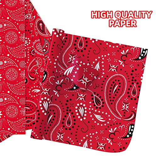 16 Sheets Western Party Gift Wrapping Paper Red Bandana Wrapping Paper Set 3 Design Cowboy Party Wrapping Paper for Western Cowboy Themed Party, Paisley Cowgirl Farm Party Decoration 20'' x 27''