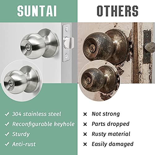 SUNTAI Exterior/Interior Ball Door Knobs with Lock and Key, for Privacy Bedroom/Entrance, Satin Nickel