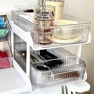 2 tiers under sink organizers and storage, plastic storage basket drawers with handle, white multi-purpose pull out cabinet organizer shelf, counter organizing tray for kitchen, office, bathroom