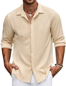 coofandy men beach shirts casual cotton linen long sleeve slim fit summer shirts stone