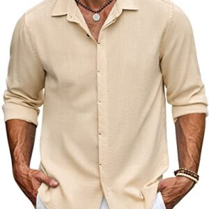 COOFANDY Men Beach Shirts Casual Cotton Linen Long Sleeve Slim Fit Summer Shirts Stone