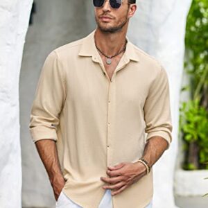 COOFANDY Men Beach Shirts Casual Cotton Linen Long Sleeve Slim Fit Summer Shirts Stone