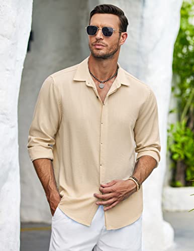 COOFANDY Men Beach Shirts Casual Cotton Linen Long Sleeve Slim Fit Summer Shirts Stone