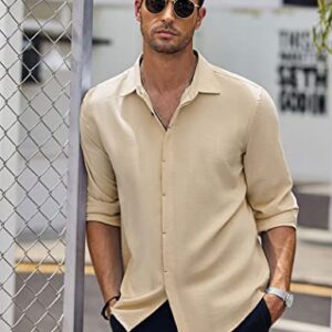 COOFANDY Men Beach Shirts Casual Cotton Linen Long Sleeve Slim Fit Summer Shirts Stone