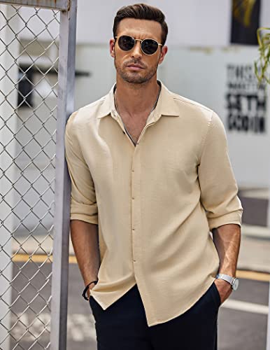 COOFANDY Men Beach Shirts Casual Cotton Linen Long Sleeve Slim Fit Summer Shirts Stone