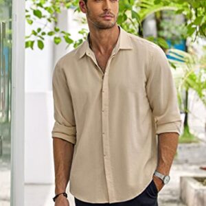 COOFANDY Men Beach Shirts Casual Cotton Linen Long Sleeve Slim Fit Summer Shirts Stone