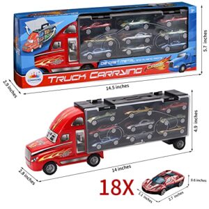 Toy Truck Transport Car Carrier - 18 Sport Cars in Truck Toys, Toys for Boys and Girls Age 3-10 yrs Old, Ideal Party Christmas Birthday Gift for Kids