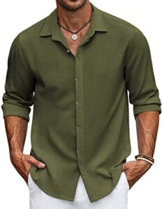 coofandy men's linen shirt long sleeve casual button up shirt beach shirt for men summer wedding shirt army green