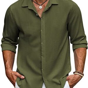 COOFANDY Men's Linen Shirt Long Sleeve Casual Button Up Shirt Beach Shirt for Men Summer Wedding Shirt Army Green