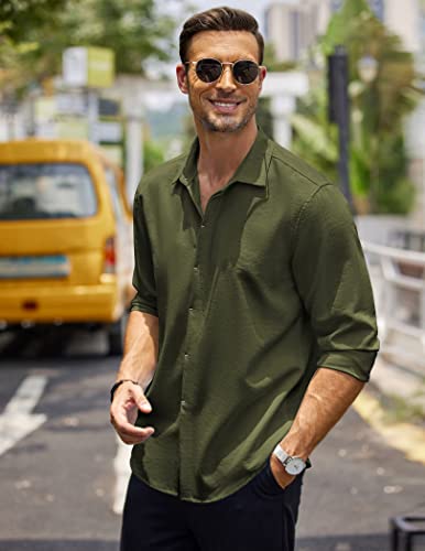 COOFANDY Men's Linen Shirt Long Sleeve Casual Button Up Shirt Beach Shirt for Men Summer Wedding Shirt Army Green