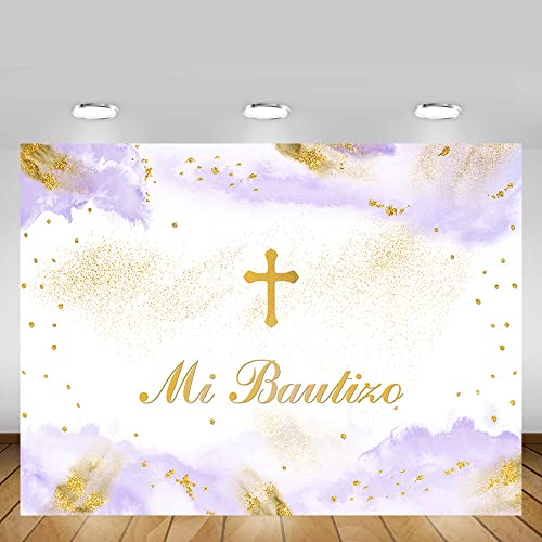 MEHOFOND 7x5ft Mi Bautizo Baptism Backdrop Mexican Gold Bless First Holy Communion Christening Banner Purple Watercolor Clouds Photography Background Party Decoration Photo Booth Props