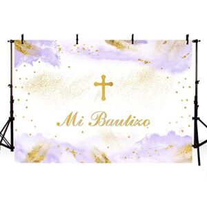 MEHOFOND 7x5ft Mi Bautizo Baptism Backdrop Mexican Gold Bless First Holy Communion Christening Banner Purple Watercolor Clouds Photography Background Party Decoration Photo Booth Props
