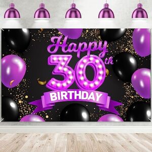 happy 30th birthday purple and black banner backdrop cheers to 30 years old confetti balloons theme decor decorations for women 30 years old pink birthday party bday supplies background favors gift glitter