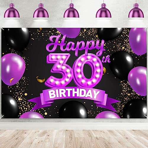 Happy 30th Birthday Purple and Black Banner Backdrop Cheers to 30 Years Old Confetti Balloons Theme Decor Decorations for Women 30 Years Old Pink Birthday Party Bday Supplies Background Favors Gift Glitter