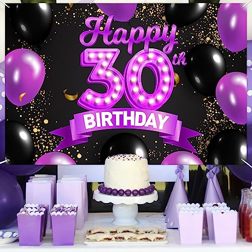 Happy 30th Birthday Purple and Black Banner Backdrop Cheers to 30 Years Old Confetti Balloons Theme Decor Decorations for Women 30 Years Old Pink Birthday Party Bday Supplies Background Favors Gift Glitter