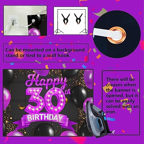 Happy 30th Birthday Purple and Black Banner Backdrop Cheers to 30 Years Old Confetti Balloons Theme Decor Decorations for Women 30 Years Old Pink Birthday Party Bday Supplies Background Favors Gift Glitter