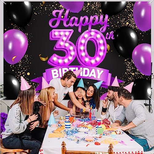 Happy 30th Birthday Purple and Black Banner Backdrop Cheers to 30 Years Old Confetti Balloons Theme Decor Decorations for Women 30 Years Old Pink Birthday Party Bday Supplies Background Favors Gift Glitter