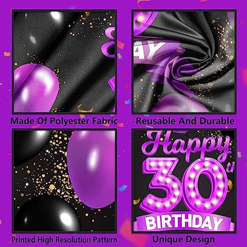 Happy 30th Birthday Purple and Black Banner Backdrop Cheers to 30 Years Old Confetti Balloons Theme Decor Decorations for Women 30 Years Old Pink Birthday Party Bday Supplies Background Favors Gift Glitter