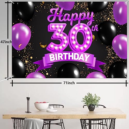 Happy 30th Birthday Purple and Black Banner Backdrop Cheers to 30 Years Old Confetti Balloons Theme Decor Decorations for Women 30 Years Old Pink Birthday Party Bday Supplies Background Favors Gift Glitter