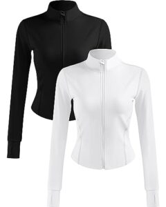 locoowai 2 pack women's workout jackets, long sleeve workout tops with thumb holes, full zip lightweight running jackets (small)