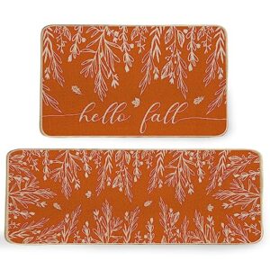 GEEORY Fall Kitchen Mats, Set of 2 Leaves Hello Fall Floor Mat Farmhouse Seasonal Holiday Party Decorative Home 17x29 and 17x47 Inch (Orange) GK066