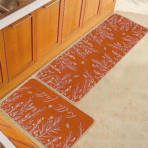 GEEORY Fall Kitchen Mats, Set of 2 Leaves Hello Fall Floor Mat Farmhouse Seasonal Holiday Party Decorative Home 17x29 and 17x47 Inch (Orange) GK066