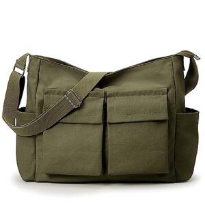 kalidi canvas tote bag, messenger bag with pockets, large crossbody bag for women or men, casual canvas shoulder bag for college work travel daily, army green