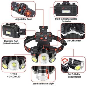 Rechargeable Headlamp, 10000 High Lumen Head Lamp, Super Bright LED Head Light Camping Accessories with Red Light, 4 Modes USB Recharge Flashlight, Waterproof Headlight Camping Gear for Adults Kids