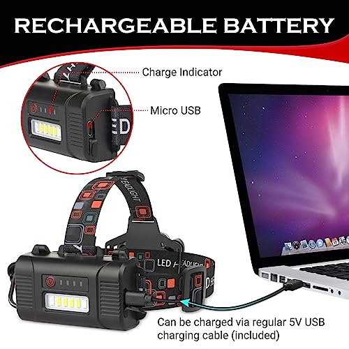 Rechargeable Headlamp, 10000 High Lumen Head Lamp, Super Bright LED Head Light Camping Accessories with Red Light, 4 Modes USB Recharge Flashlight, Waterproof Headlight Camping Gear for Adults Kids