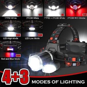 Rechargeable Headlamp, 10000 High Lumen Head Lamp, Super Bright LED Head Light Camping Accessories with Red Light, 4 Modes USB Recharge Flashlight, Waterproof Headlight Camping Gear for Adults Kids