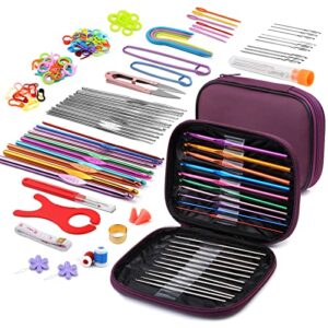 imzay 110 pcs crochet hooks set, crochet kit crochet hooks kit with storage case, ergonomic knitting needles blunt needles stitch marker diy hand knitting craft art tools for beginners-purple