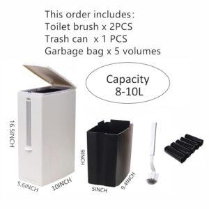 Bathroom Trash Can with Toilet Brush Holder,2.1 Gallon Dogproof Garbage Can with Press Top Lid Slim Plastic Waste Bin with Lid,Rectangular Modern Waste Can for Bathroom RVs Dorm Motorhome,White