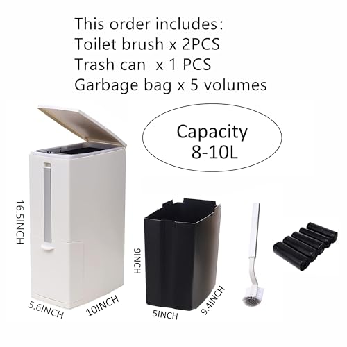 Bathroom Trash Can with Toilet Brush Holder,2.1 Gallon Dogproof Garbage Can with Press Top Lid Slim Plastic Waste Bin with Lid,Rectangular Modern Waste Can for Bathroom RVs Dorm Motorhome,White