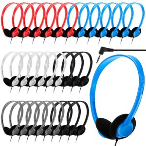 30 pack class set headphones for kids school earphones over head bulk colored classroom headphones on ear earbuds adjustable with 3.5 mm jack for libraries students teens adults (bright color)