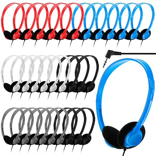 30 Pack Class Set Headphones for Kids School Earphones over Head Bulk Colored Classroom Headphones on Ear Earbuds Adjustable with 3.5 mm Jack for Libraries Students Teens Adults (Bright Color)