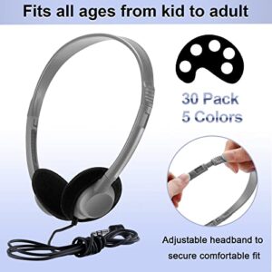 30 Pack Class Set Headphones for Kids School Earphones over Head Bulk Colored Classroom Headphones on Ear Earbuds Adjustable with 3.5 mm Jack for Libraries Students Teens Adults (Bright Color)