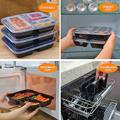 Moretoes 20 Pack 32 oz Meal Prep Containers 3 Compartment Food Storages with Lids, Disposable Bento Box for Lunch Microwave/Freezer/Dishwasher Safe