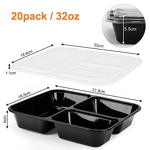 Moretoes 20 Pack 32 oz Meal Prep Containers 3 Compartment Food Storages with Lids, Disposable Bento Box for Lunch Microwave/Freezer/Dishwasher Safe