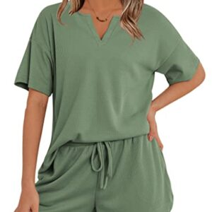 Ekouaer Waffle Knit Pajamas Set Womens Loungewear Short Sleeve Lounge Set 2 Piece PJ Sets S-XXL Grey Green