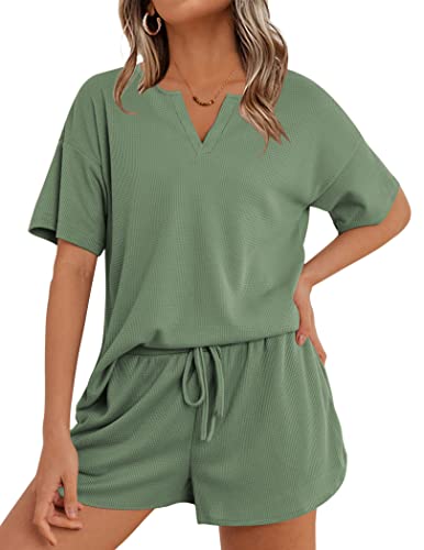 Ekouaer Waffle Knit Pajamas Set Womens Loungewear Short Sleeve Lounge Set 2 Piece PJ Sets S-XXL Grey Green