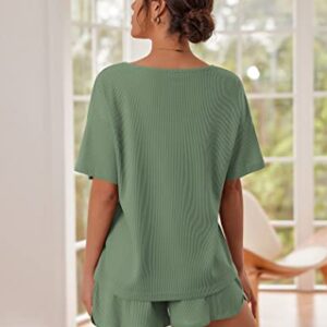 Ekouaer Waffle Knit Pajamas Set Womens Loungewear Short Sleeve Lounge Set 2 Piece PJ Sets S-XXL Grey Green