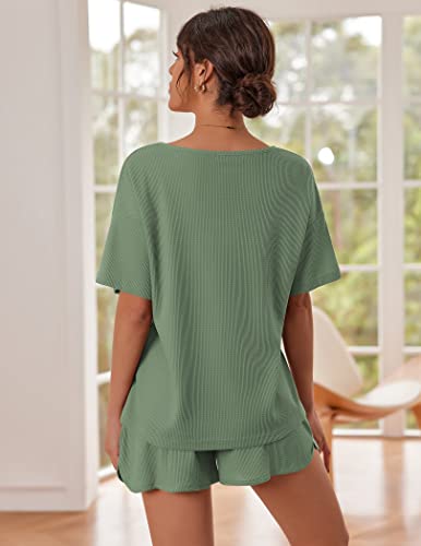 Ekouaer Waffle Knit Pajamas Set Womens Loungewear Short Sleeve Lounge Set 2 Piece PJ Sets S-XXL Grey Green