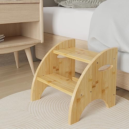 Arkboo Bamboo Step Stool, Bed Step Stool and Kids' Step Stools for Toddlers Adults, Rustic Two Step Stool Use for Kitchen, Bathroom