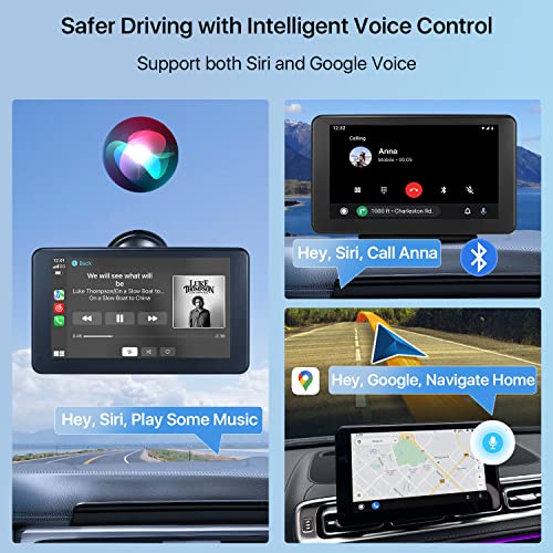 Portable Car Radio Stereo Audio Receiver with Wireless Carplay&Android Auto, 7” FHD IPS Touchscreen, 1080P Backup Cam, Siri, Google Voice, FM, Bluetooth, GPS Navigation, Aux, TF Card TTXSCAM T86